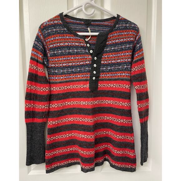Free People Wool Alpaca Blend Striped Crew Neck Geometric shirt red and black XS - Picture 1 of 8